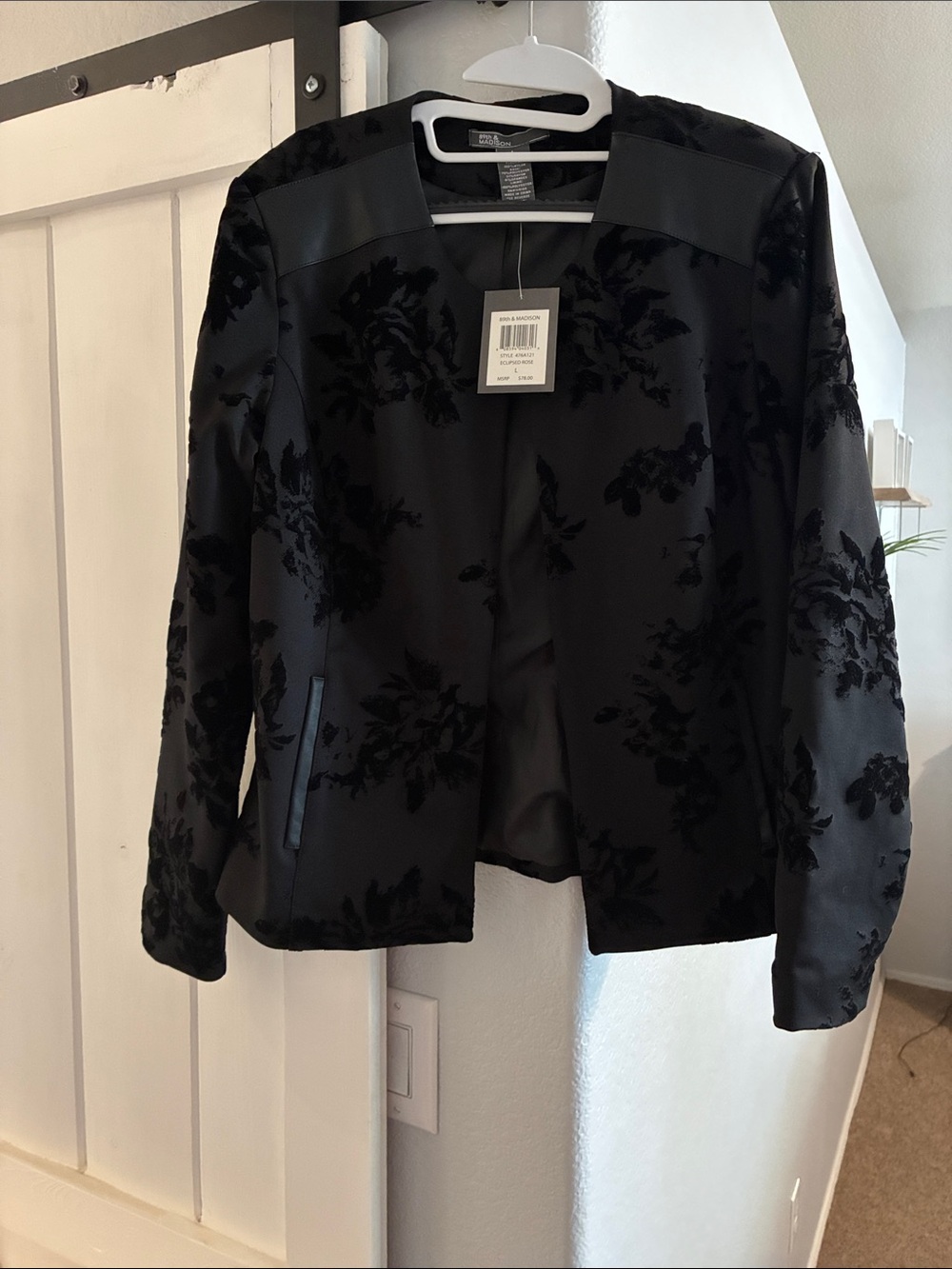 NWT!! 89th & Madison Black Floral Burnout Open Jacket with Faux Leather Trim